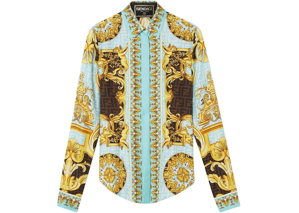 Fendace Wild Baroque Silk Printed Shirt - Gold & Light Blue