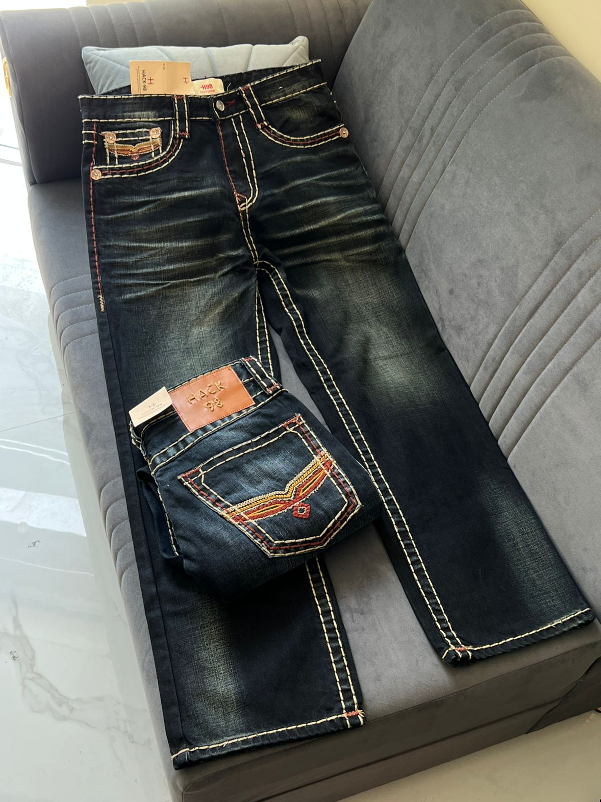 Hack 98 Heavy-Stitch Contrast Denim Jeans (Dark Wash)