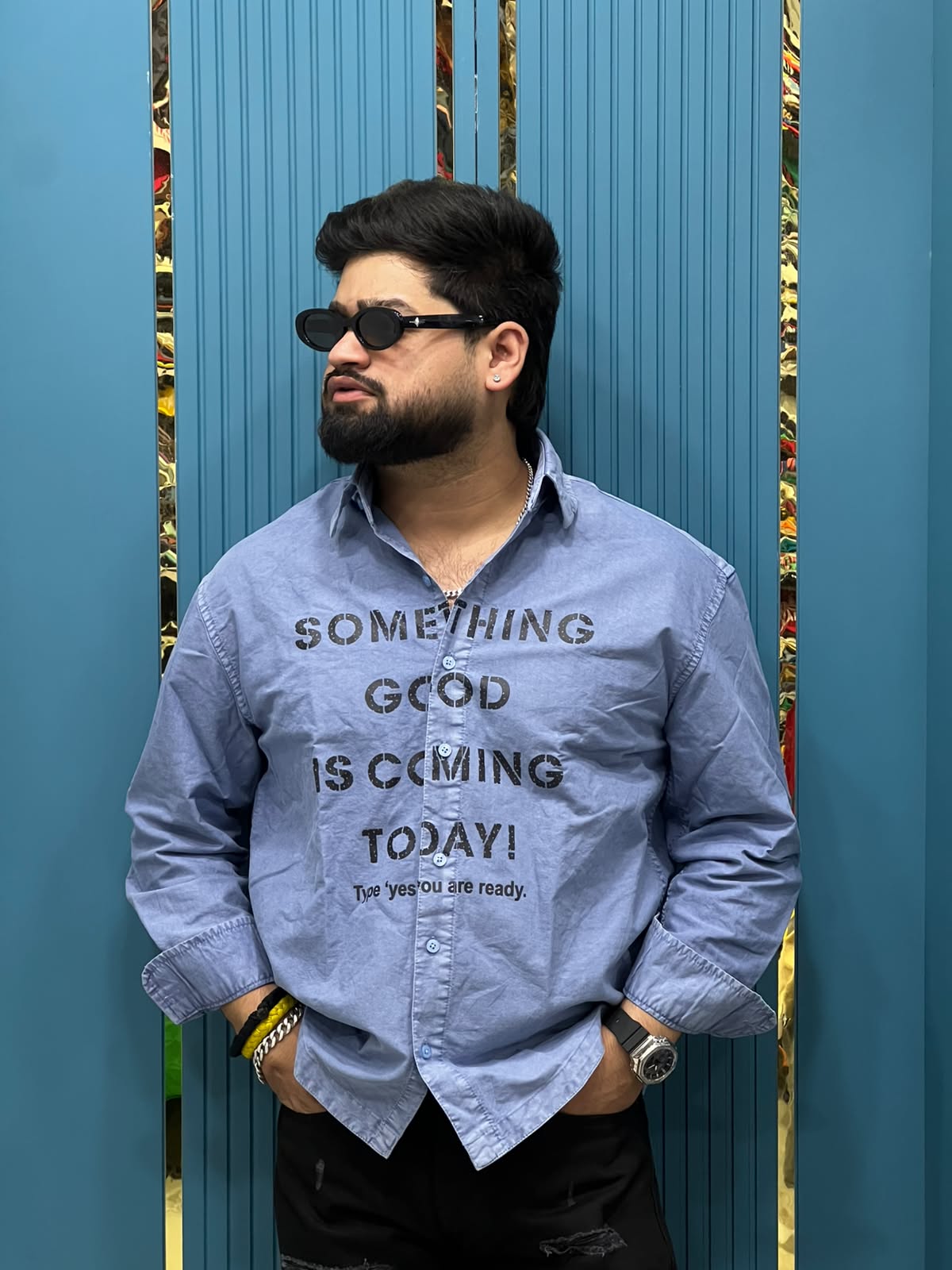 Boxy Fit Typography Printed Denim Long Sleeve Shirt