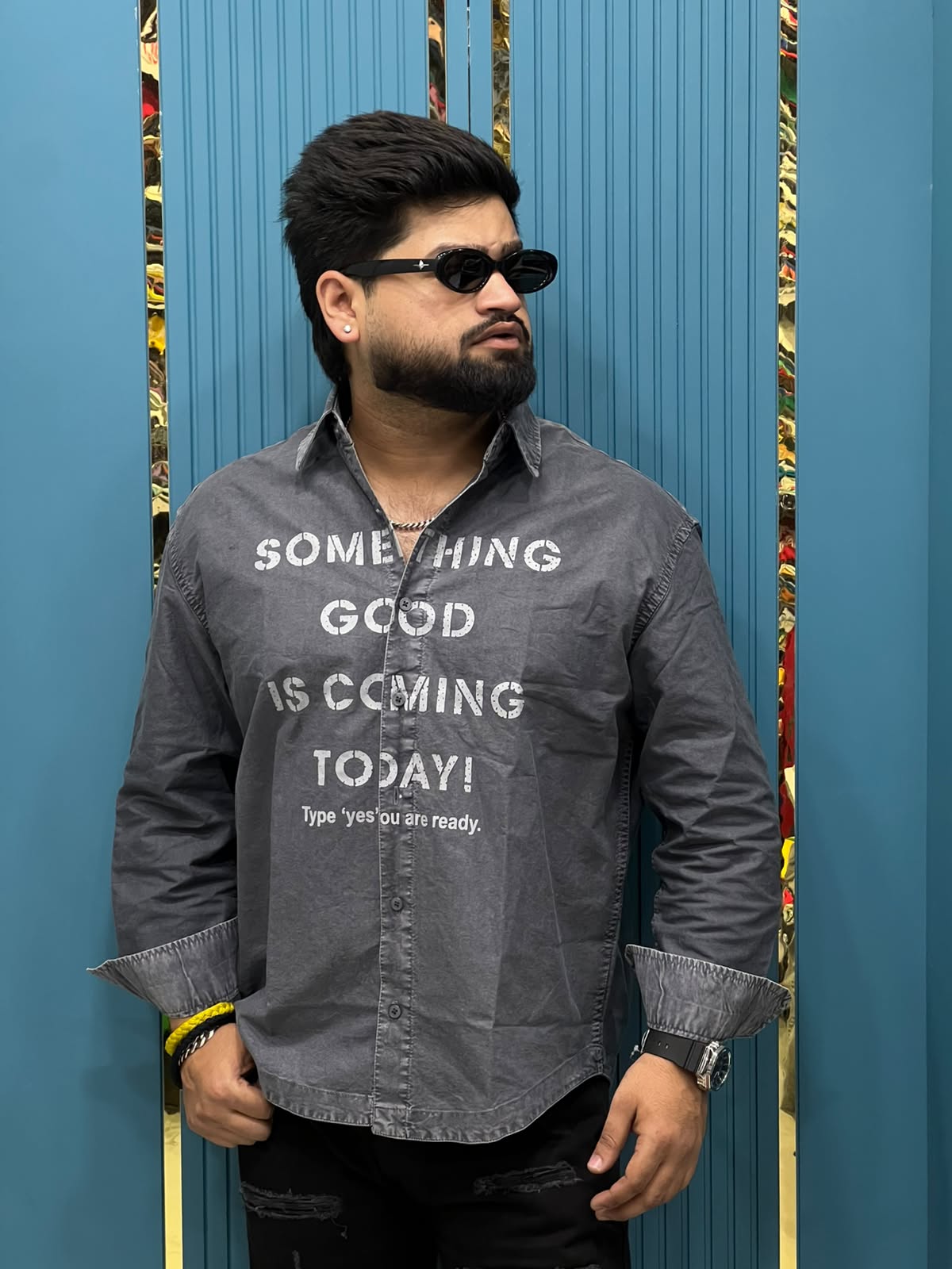 Boxy Fit Typography Printed Denim Long Sleeve Shirt