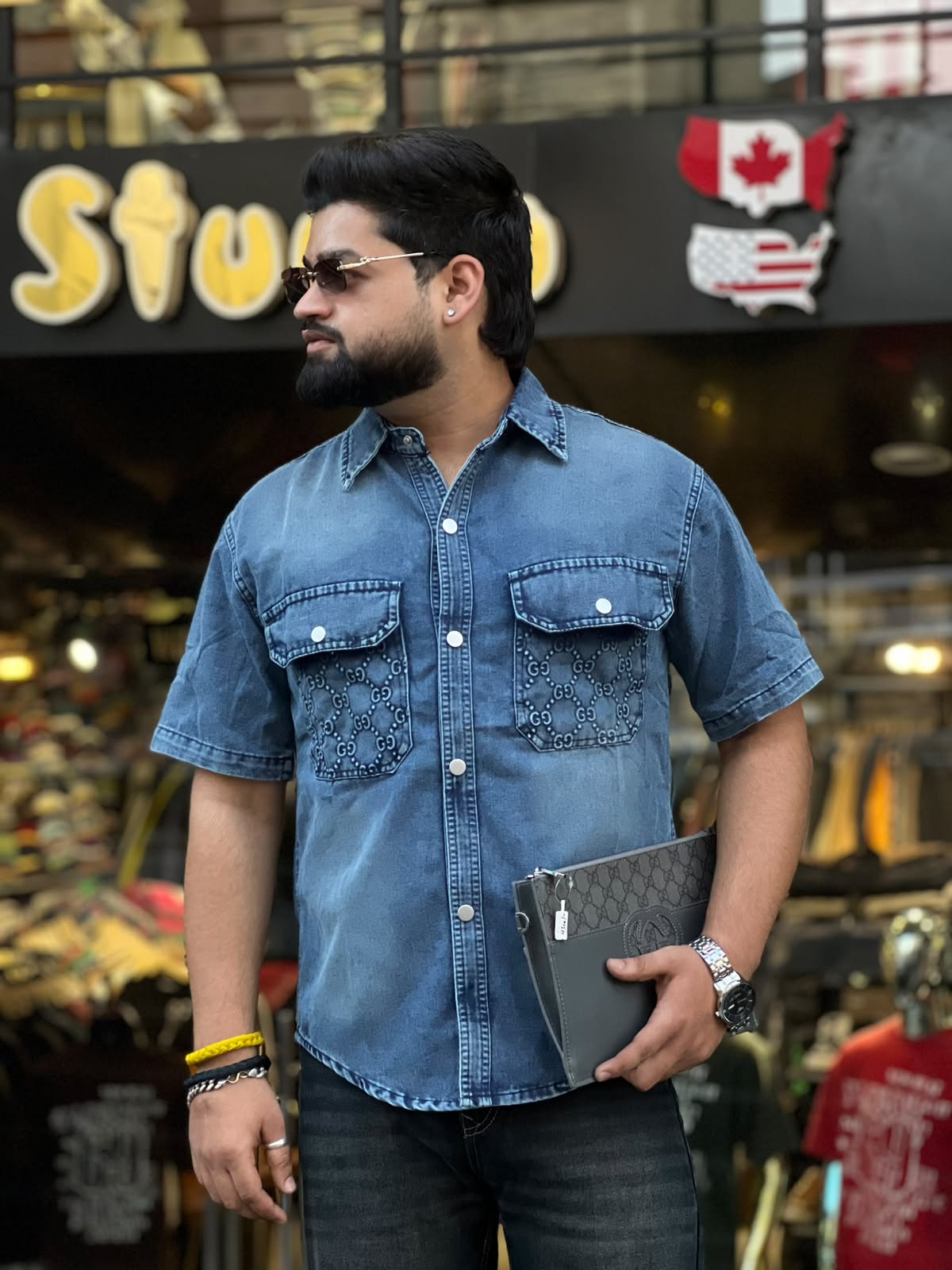 Monogram Embossed Dual-Pocket Half Sleeve Denim Shirt