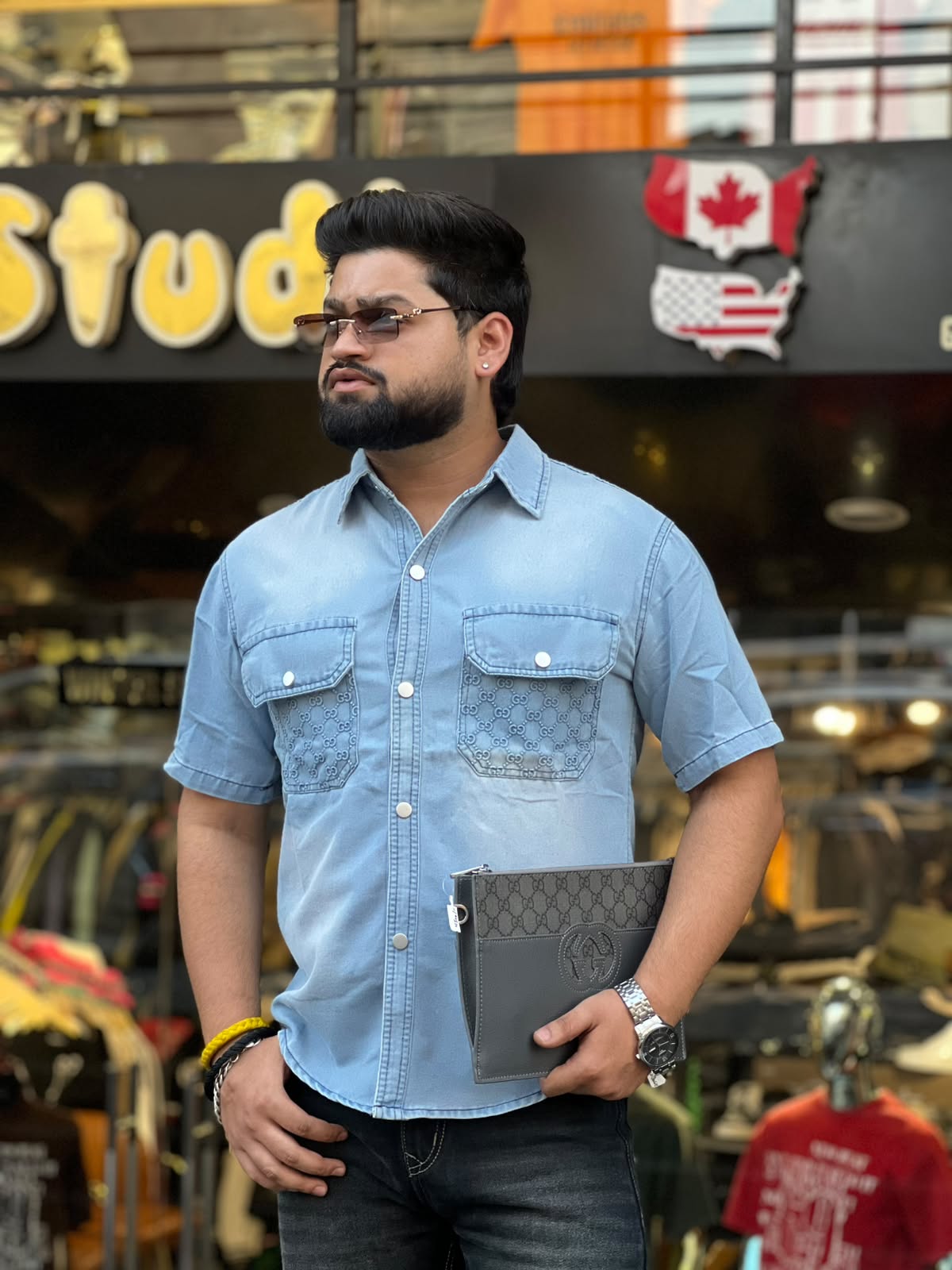 Monogram Embossed Dual-Pocket Half Sleeve Denim Shirt