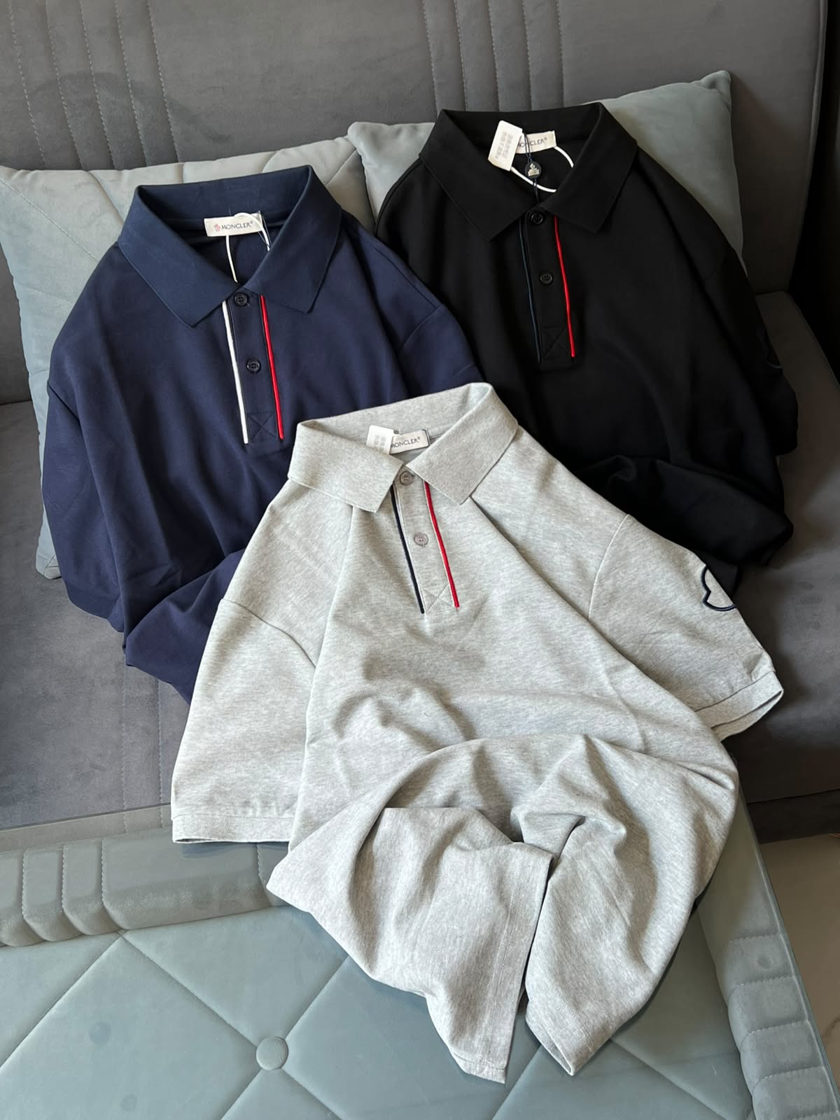 Moncler Signature Tricolor Placket Piqué Polo T-Shirt