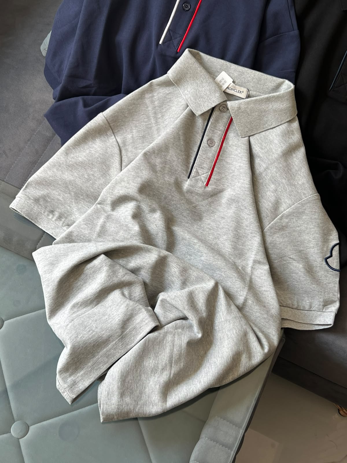 Moncler Signature Tricolor Placket Piqué Polo T-Shirt