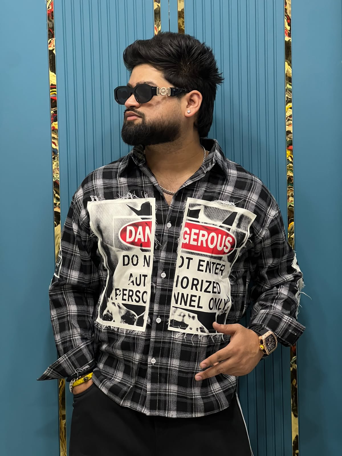 Imported Raw-Edge "Dangerous" Graphic Patch Plaid Flannel Overshirt