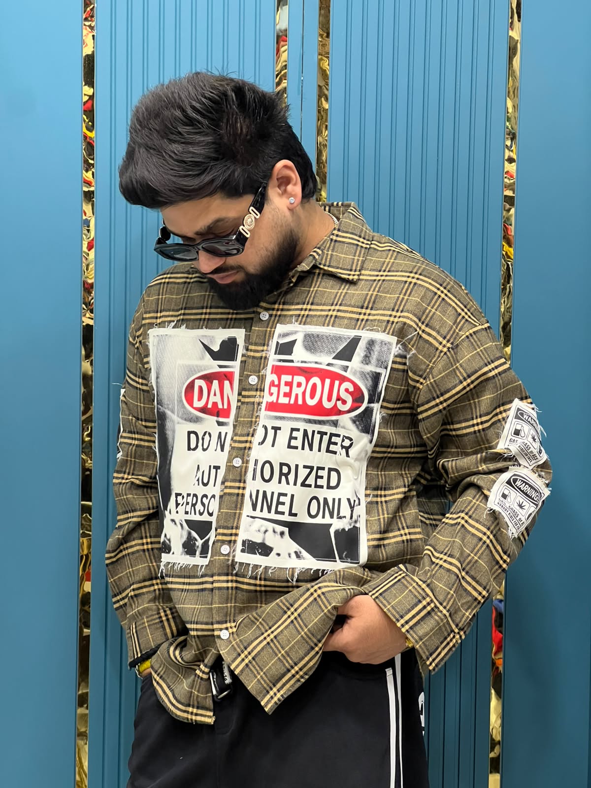 Imported Raw-Edge "Dangerous" Graphic Patch Plaid Flannel Overshirt