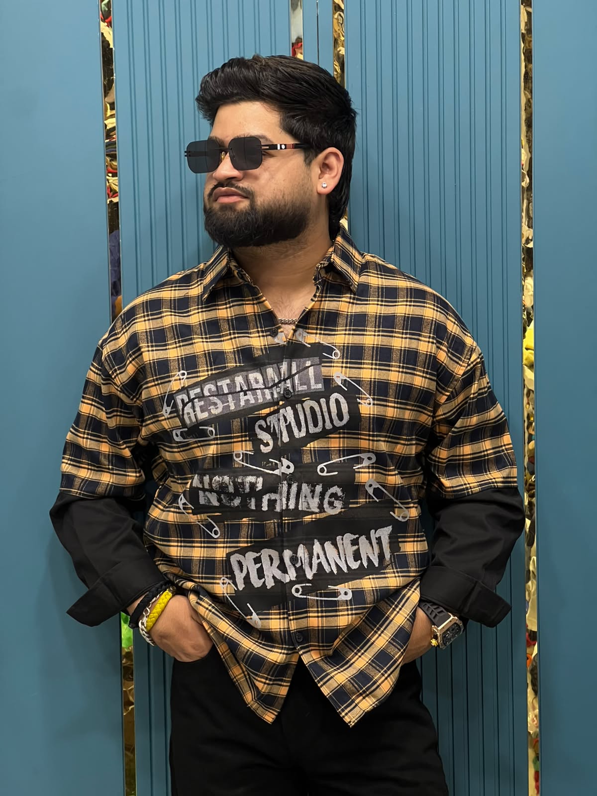 Imported Y2K Layered Double-Sleeve Safety Pin Graphic Plaid Overshirt