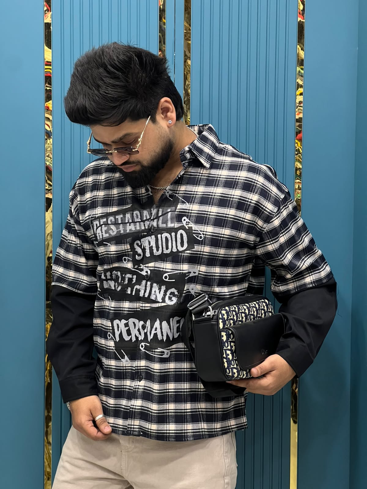 Imported Y2K Layered Double-Sleeve Safety Pin Graphic Plaid Overshirt