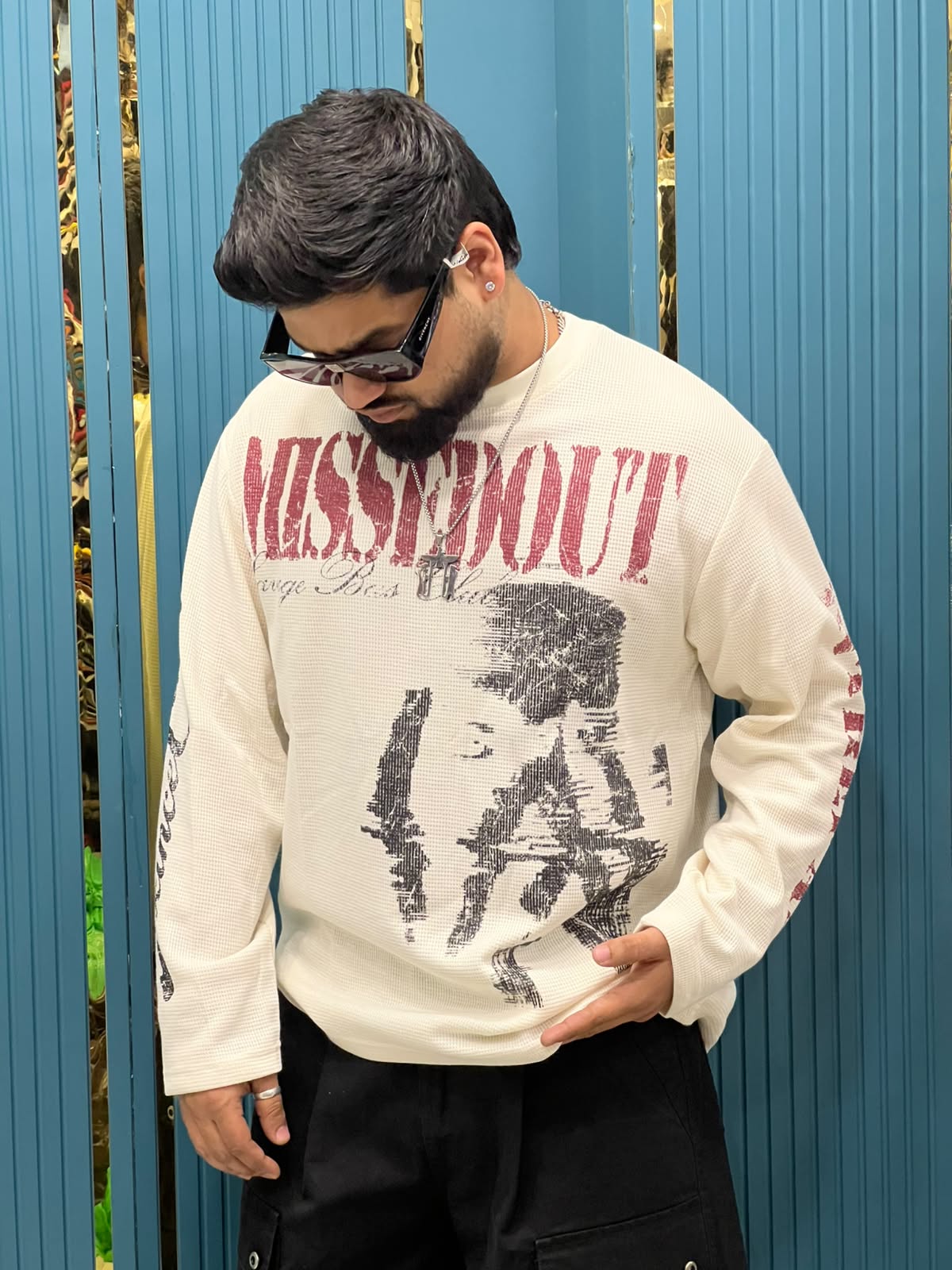 Boxy Fit Waffle-Knit "Missed Out" Graphic Long Sleeve T-Shirt