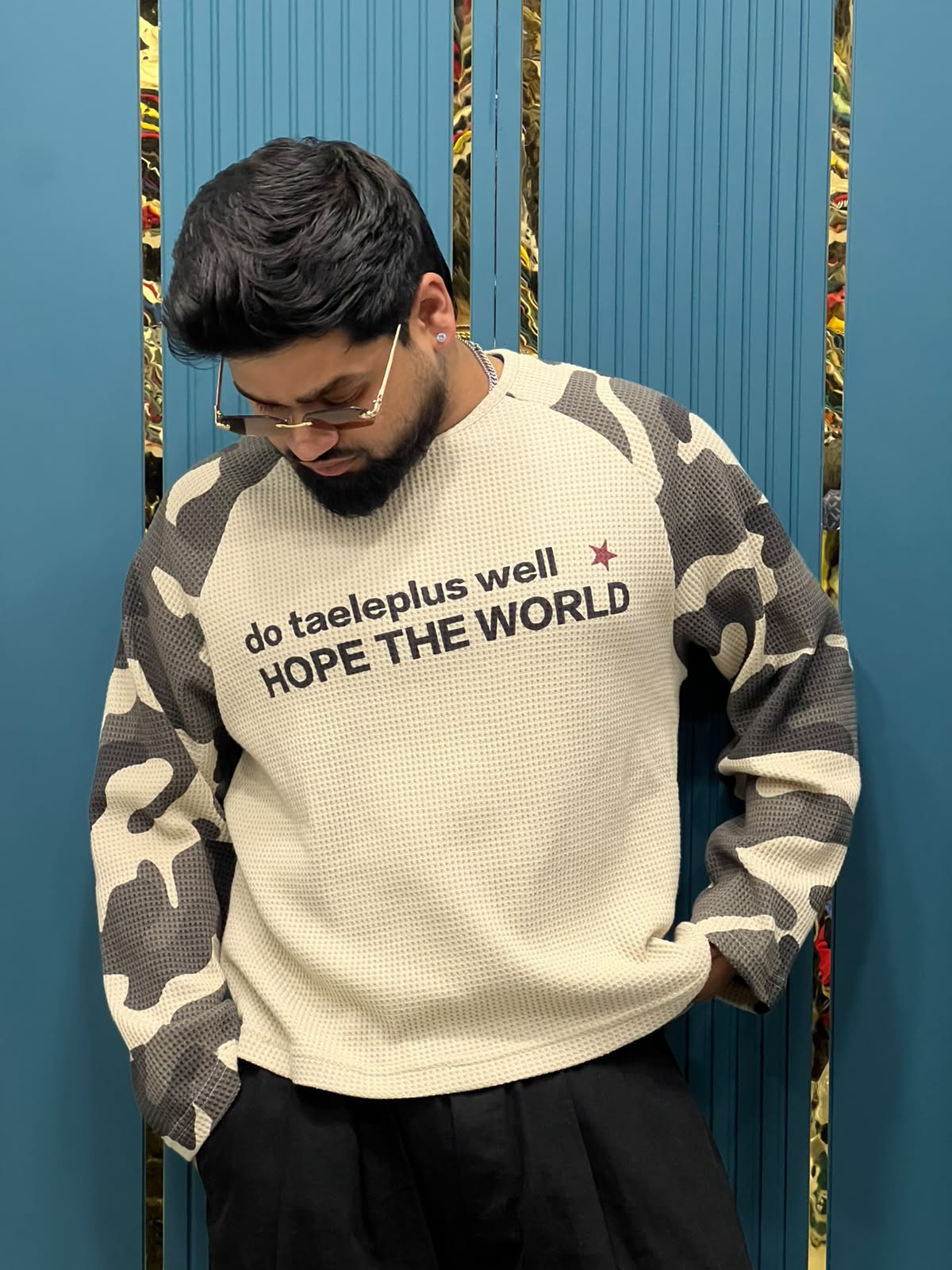 Premium Heavyweight Waffle-Knit Camo Raglan Sleeve Boxy Fit T-Shirt