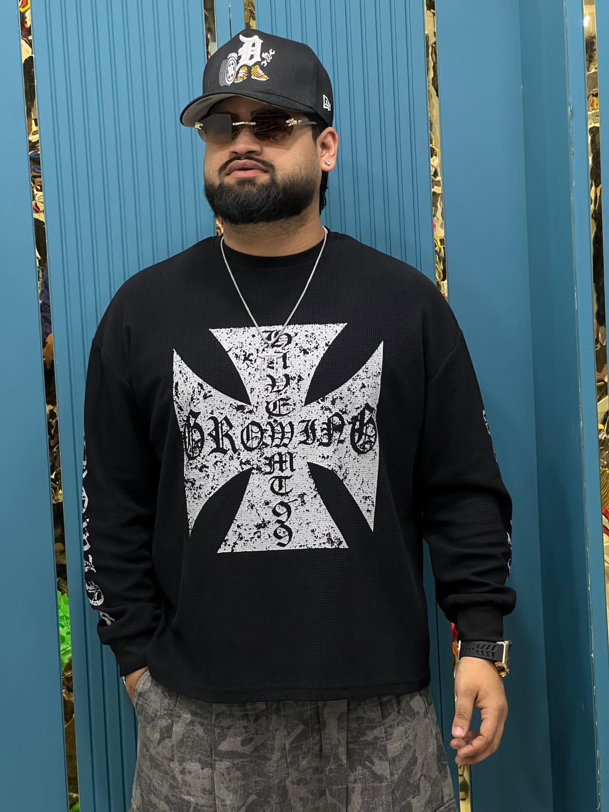 Boxy Fit Waffle-Knit Gothic Iron Cross Long Sleeve T-Shirt