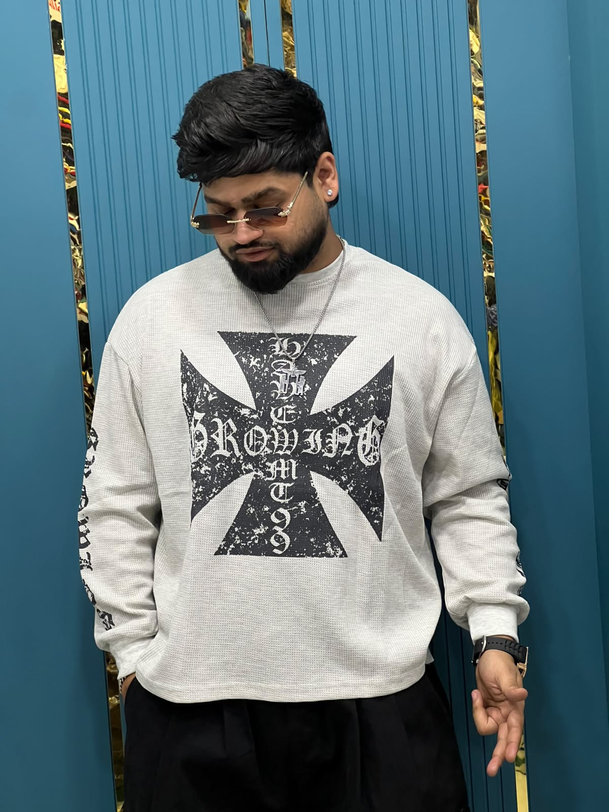 Boxy Fit Waffle-Knit Gothic Iron Cross Long Sleeve T-Shirt