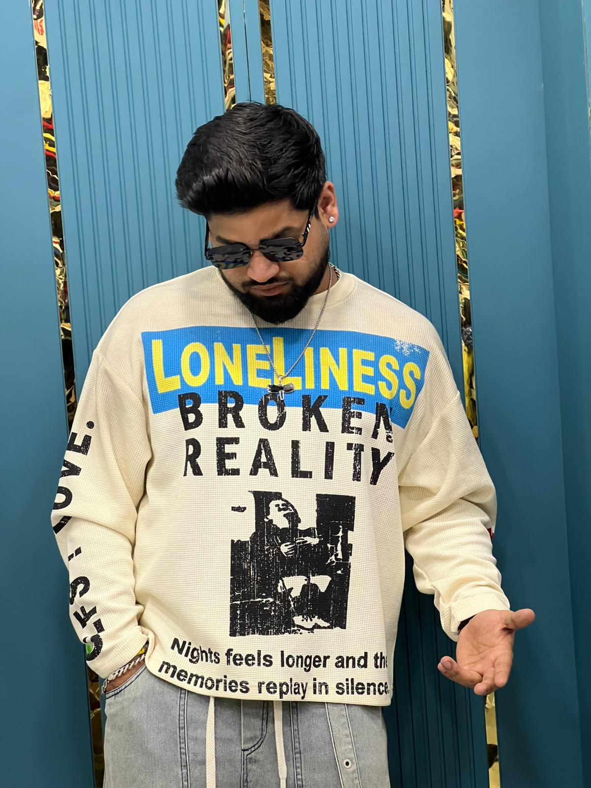 Boxy Fit Waffle-Knit "Loneliness Broken Reality" Graphic Long Sleeve T-Shirt
