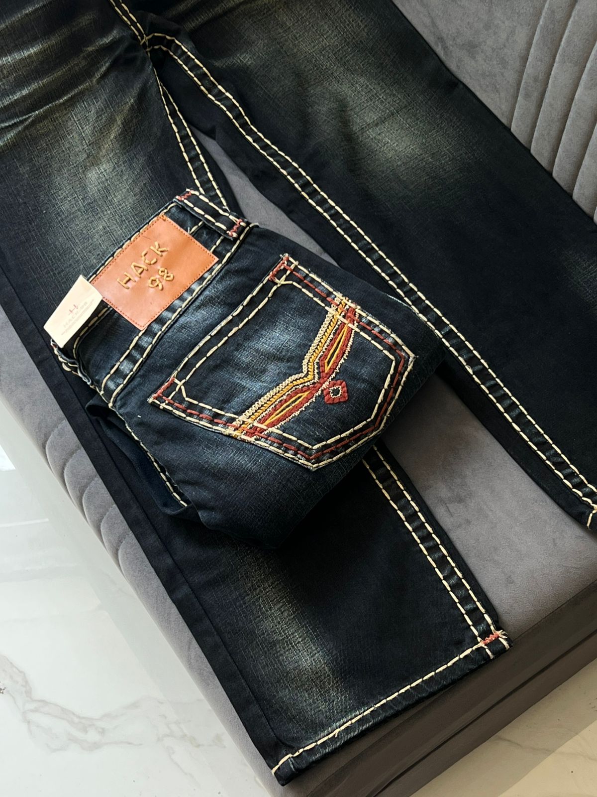 Hack 98 Heavy-Stitch Contrast Denim Jeans (Dark Wash)