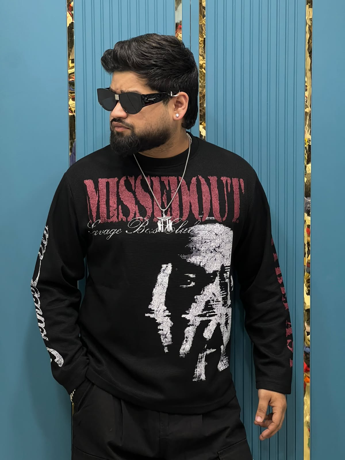 Boxy Fit Waffle-Knit "Missed Out" Graphic Long Sleeve T-Shirt