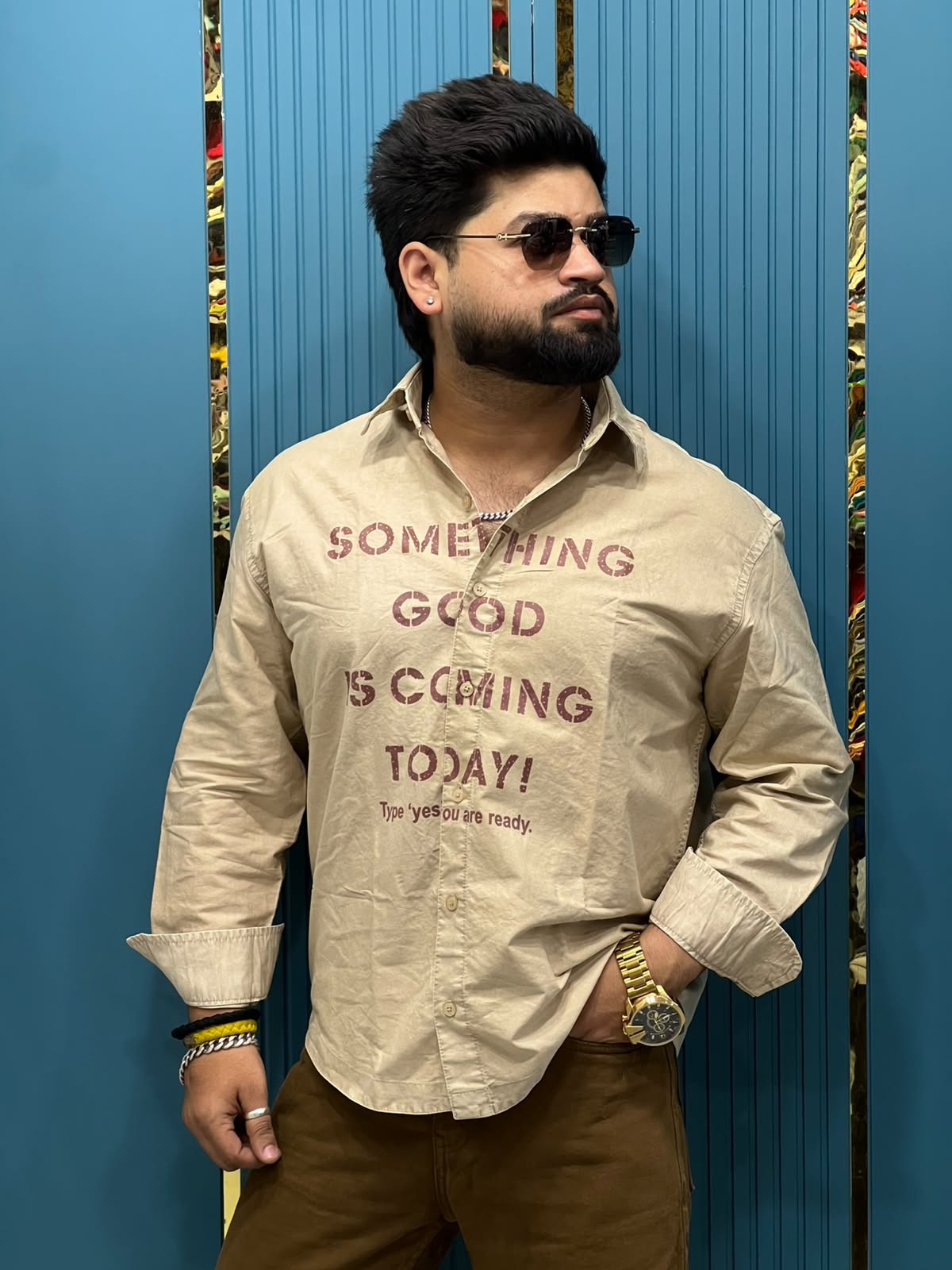 Boxy Fit Typography Printed Denim Long Sleeve Shirt