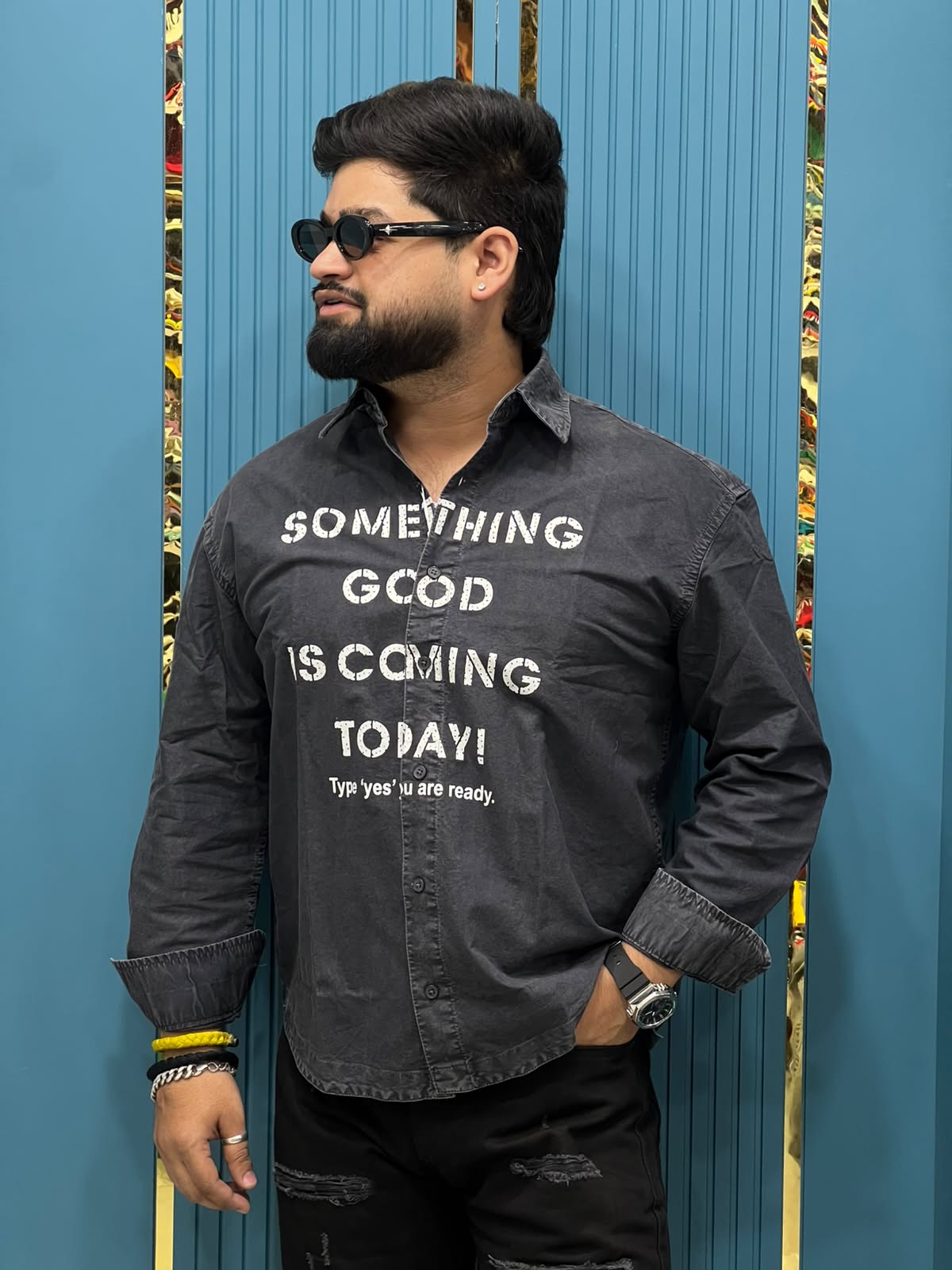 Boxy Fit Typography Printed Denim Long Sleeve Shirt