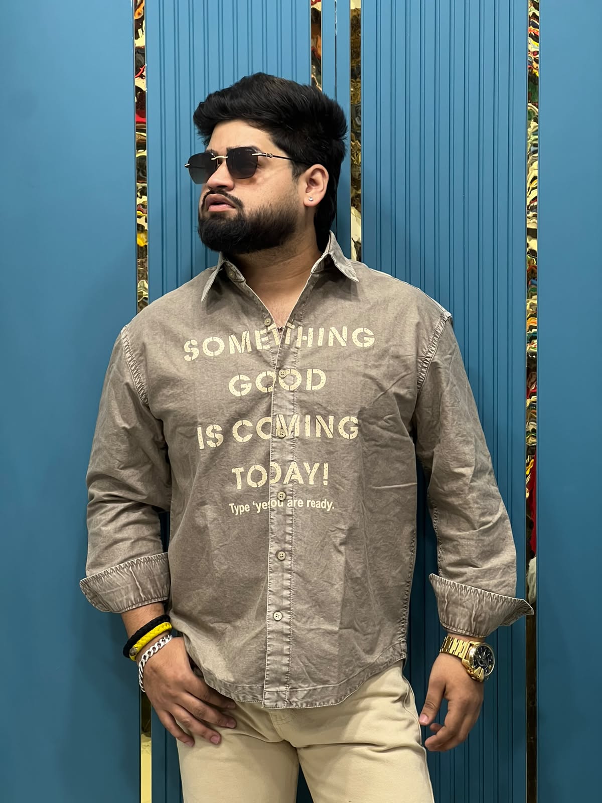 Boxy Fit Typography Printed Denim Long Sleeve Shirt